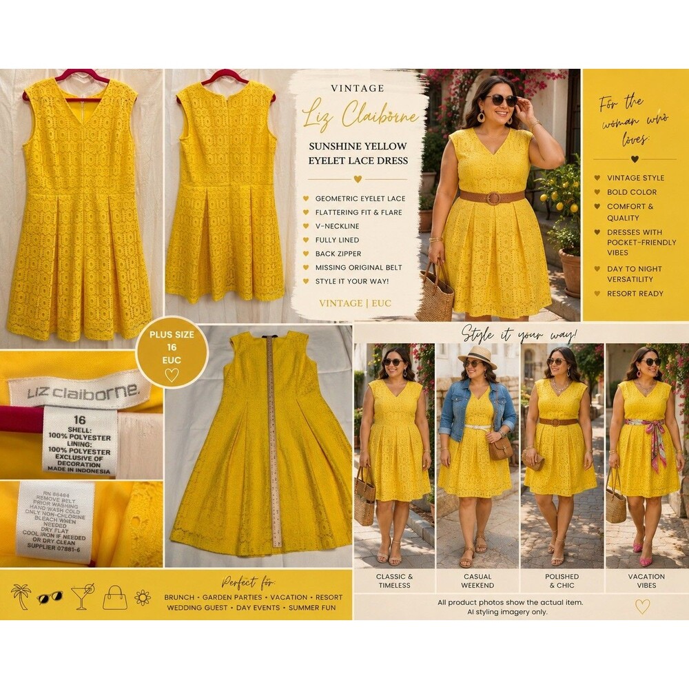 VTG Liz Claiborne 16 Sunshine Yellow Eyelet Lace Fit Flare Dress Plus Size EUC